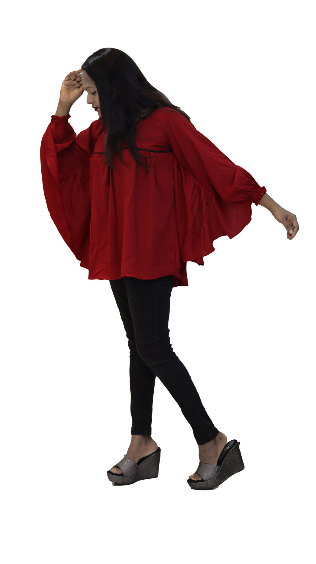 Maroon crepe bat winged top