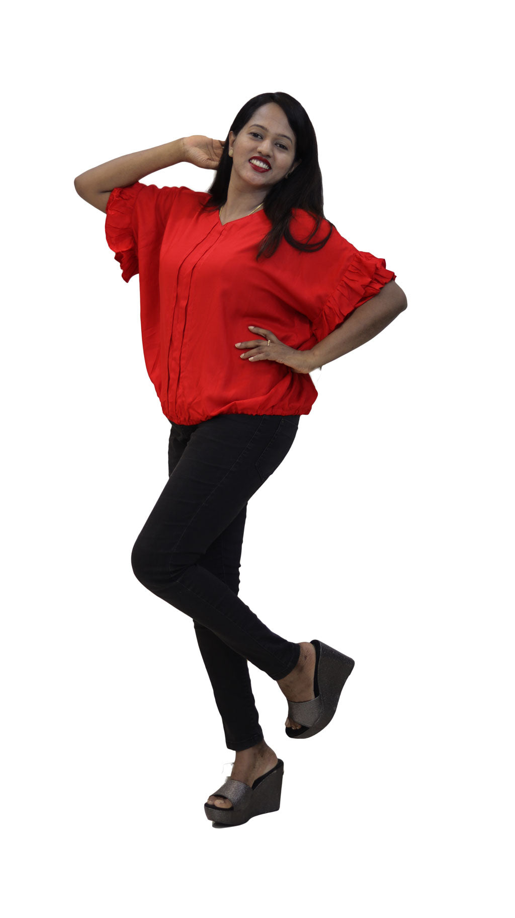 Red dolman top with pleated sleeve