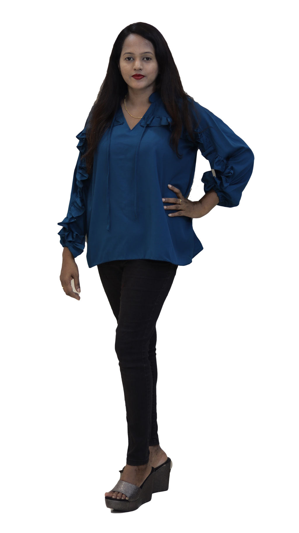 Blue crepe ruffled top