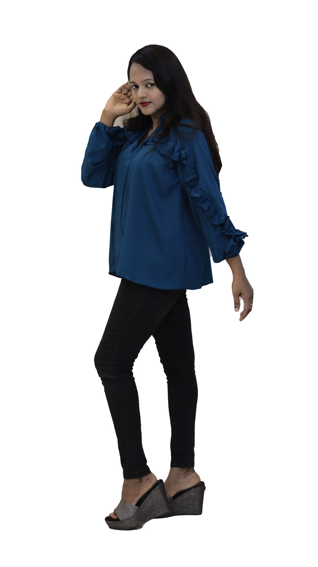 Blue crepe ruffled top