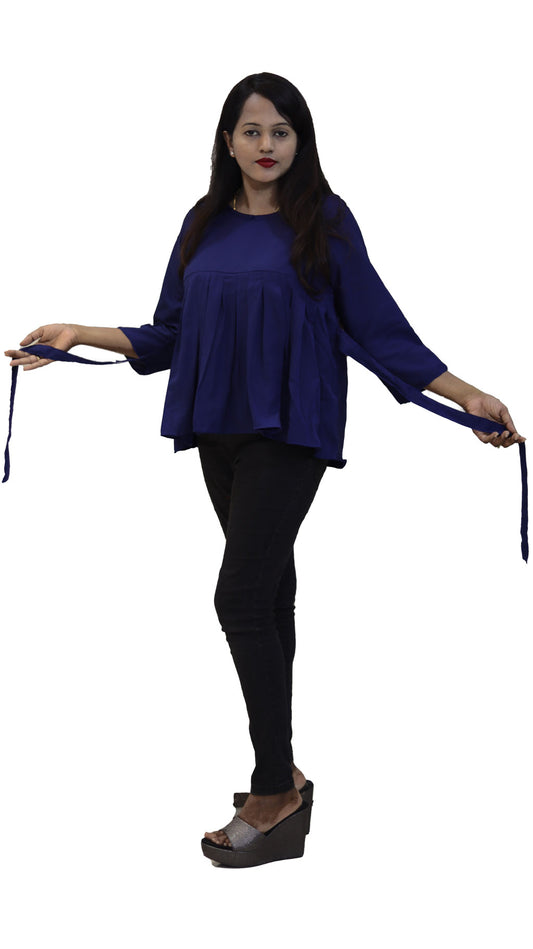 Navy blue crepe pleated top with tie up