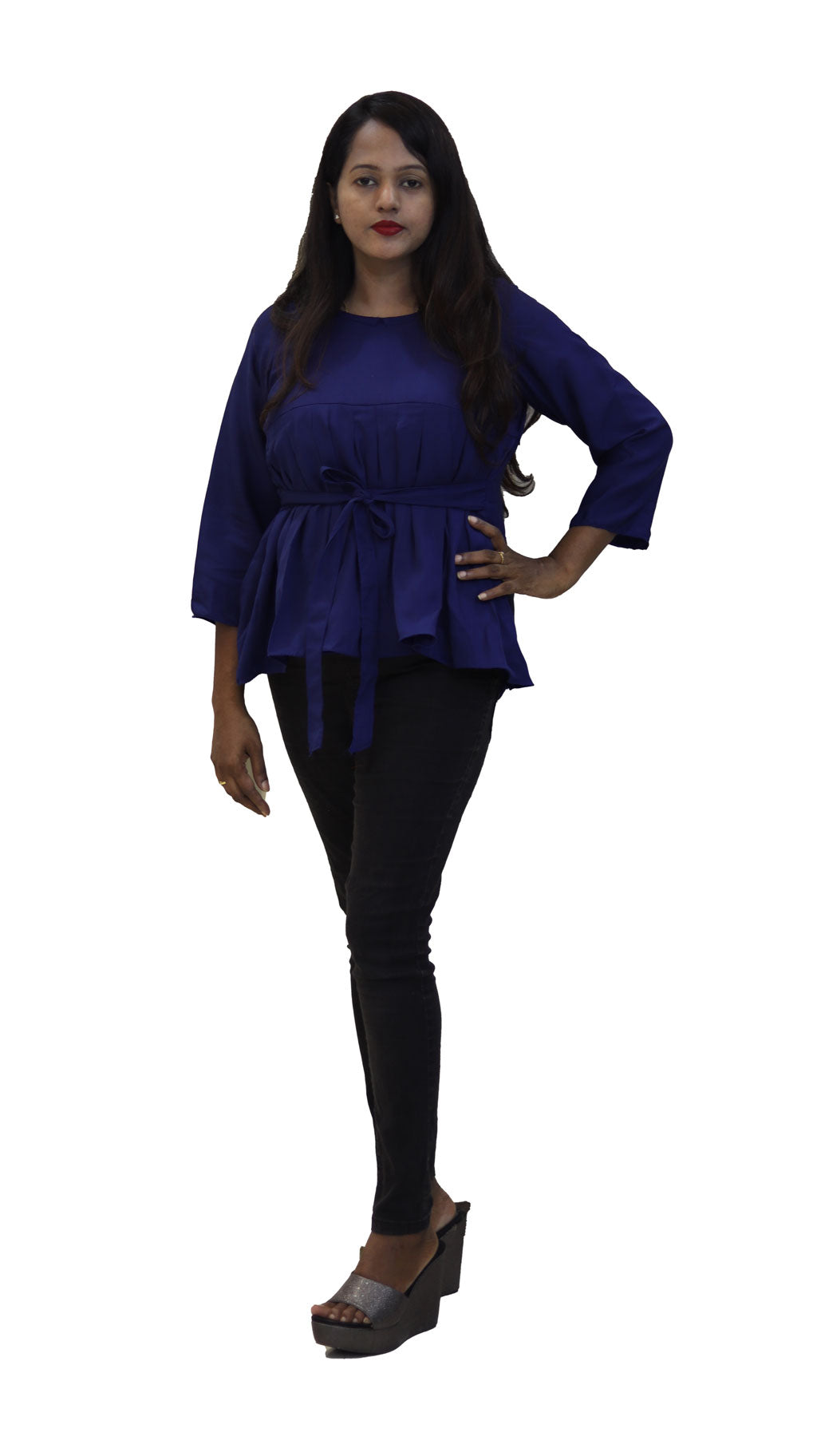 Navy blue crepe pleated top with tie up