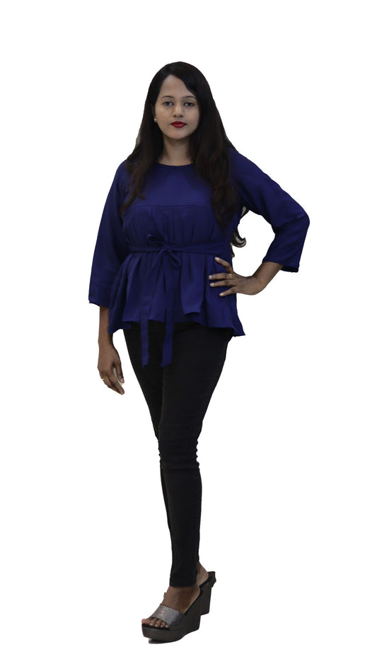 Navy blue crepe pleated top with tie up