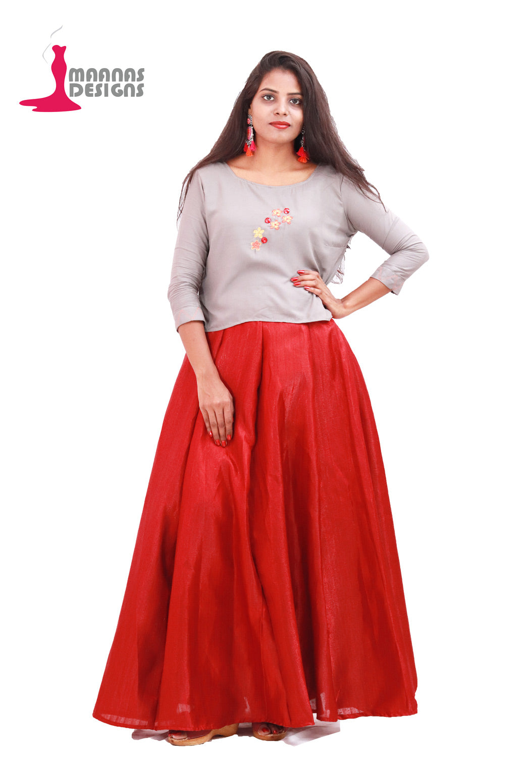 Raw Silk Maroon skirt with grey top