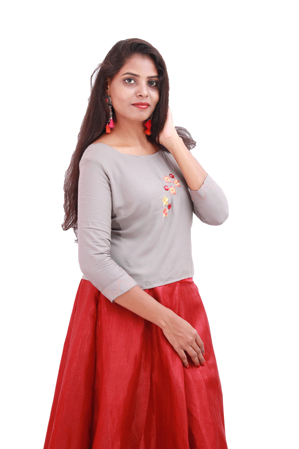 Raw Silk Maroon skirt with grey top