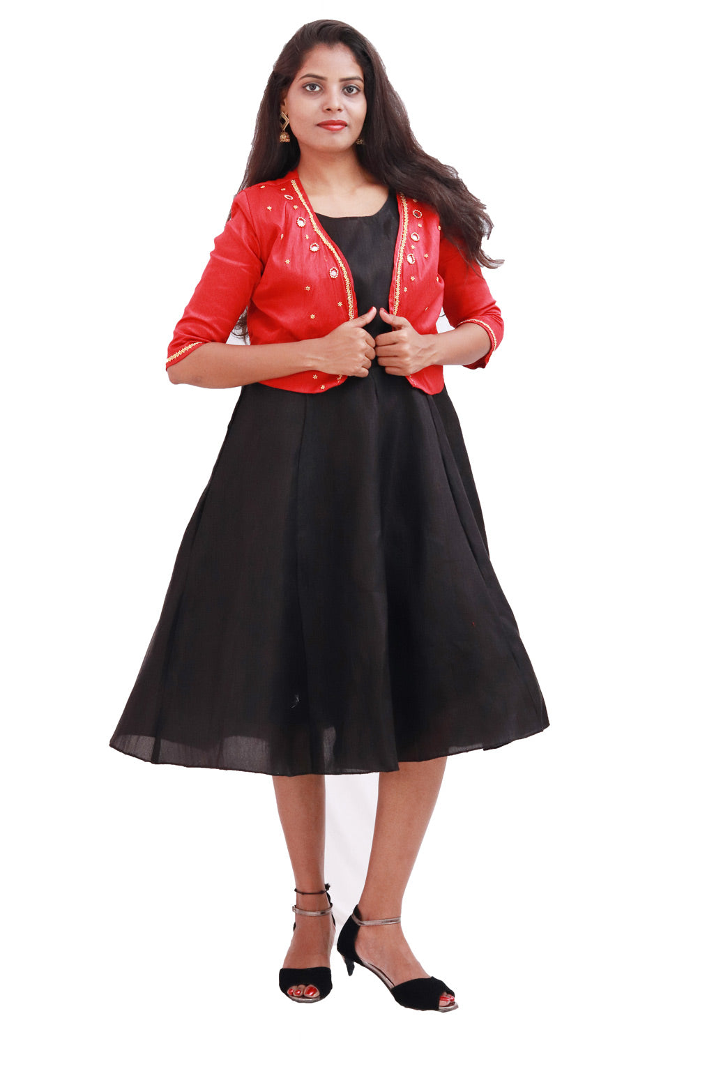 Black Color Dress with Red Coat