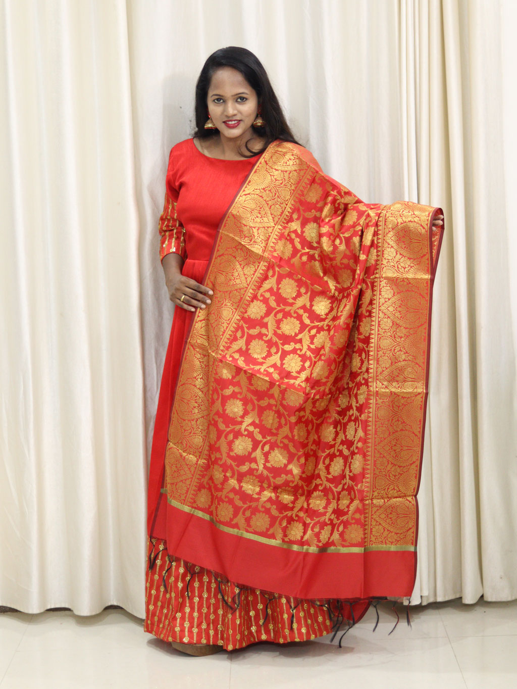 Red Dress with Sequin and Shawl by Maanas Designs