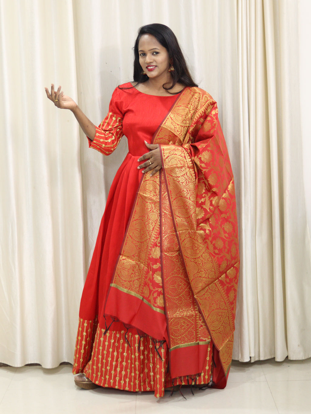 Red Dress with Sequin and Shawl by Maanas Designs