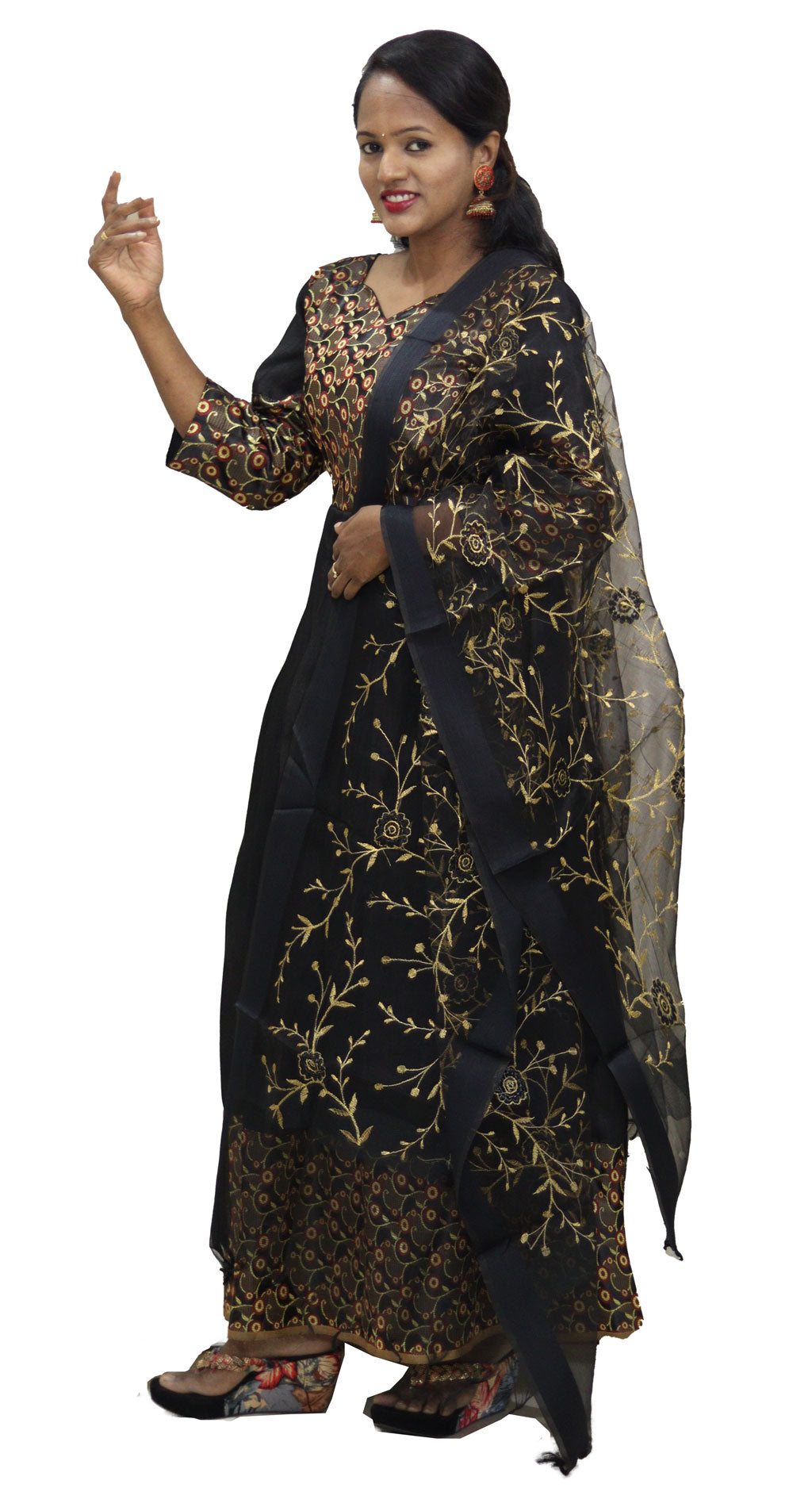 Traditional Black Full Length Dress with Shawl by Maanas Designs