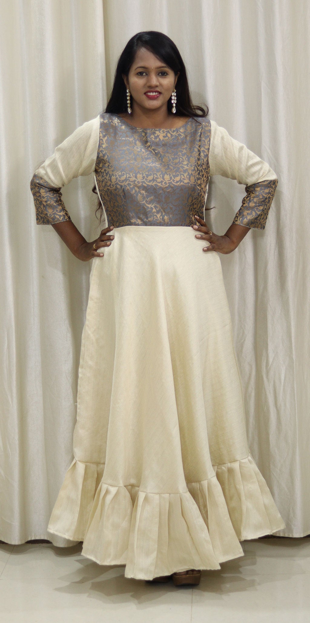 Traditional Full Length Off White and Grey Dress with Shawl by Maanas Designs