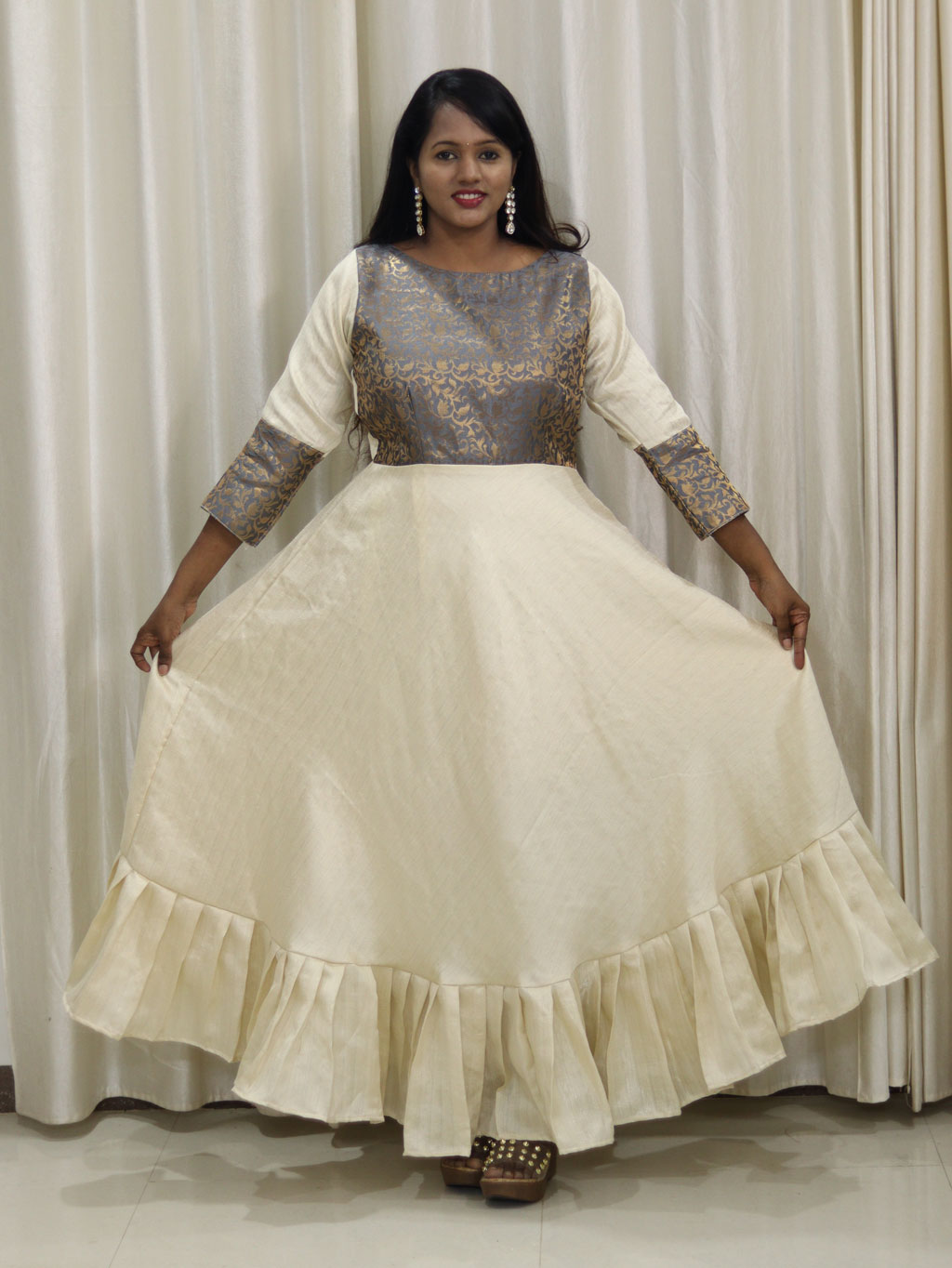 Traditional Full Length Off White and Grey Dress by Maanas Designs