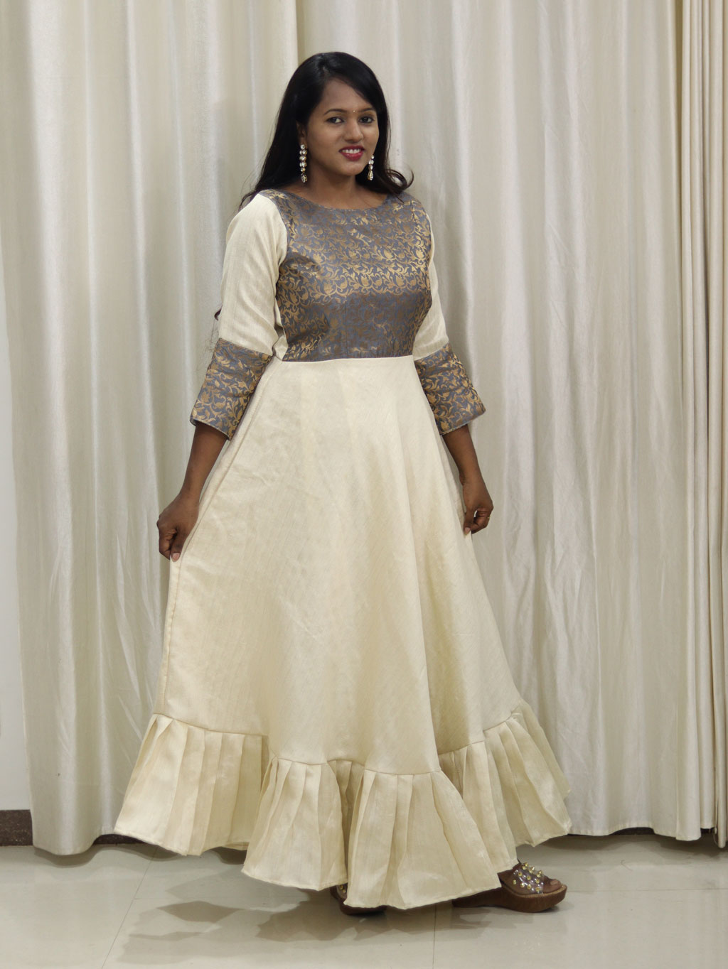 Traditional Full Length Off White and Grey Dress by Maanas Designs