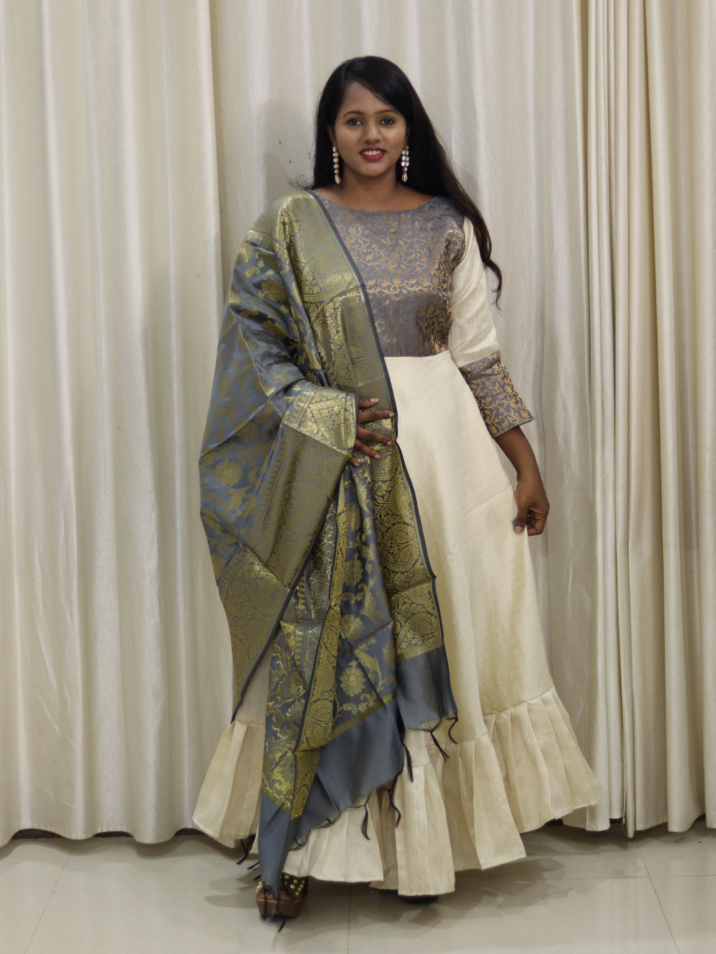 Traditional Full Length Off White and Grey Dress with Shawl by Maanas Designs