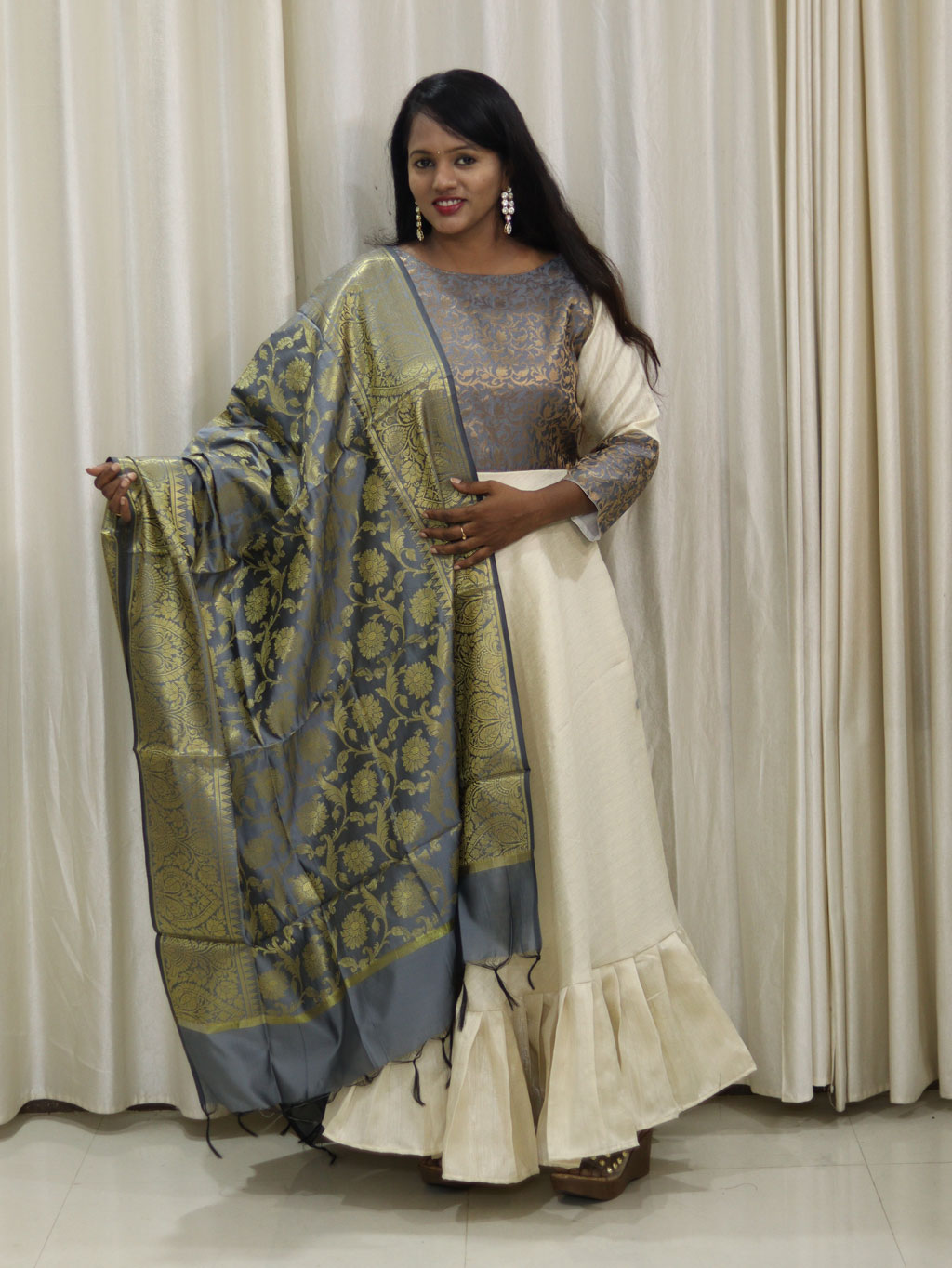 Traditional Full Length Off White and Grey Dress with Shawl by Maanas Designs