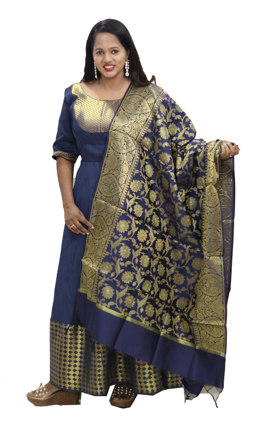 Traditional Blue Dress with Banarasi Shawl by Maanas Designs