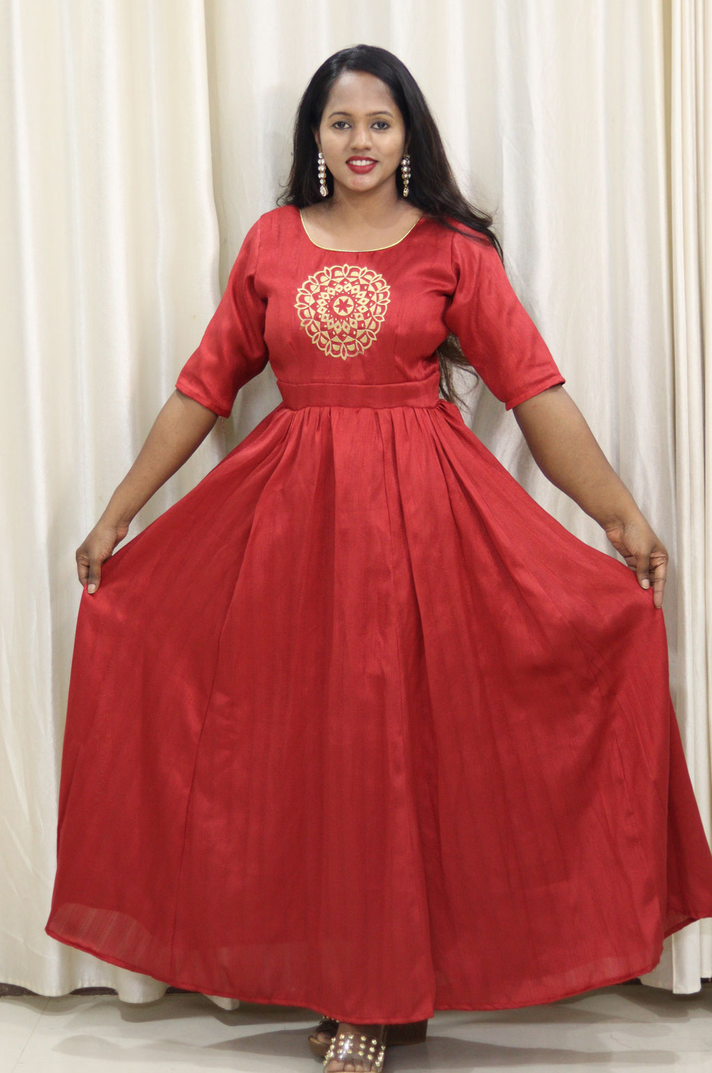 Traditional Full Length Red Embroidery Dress with Banarasi Shawl by Maanas Designs