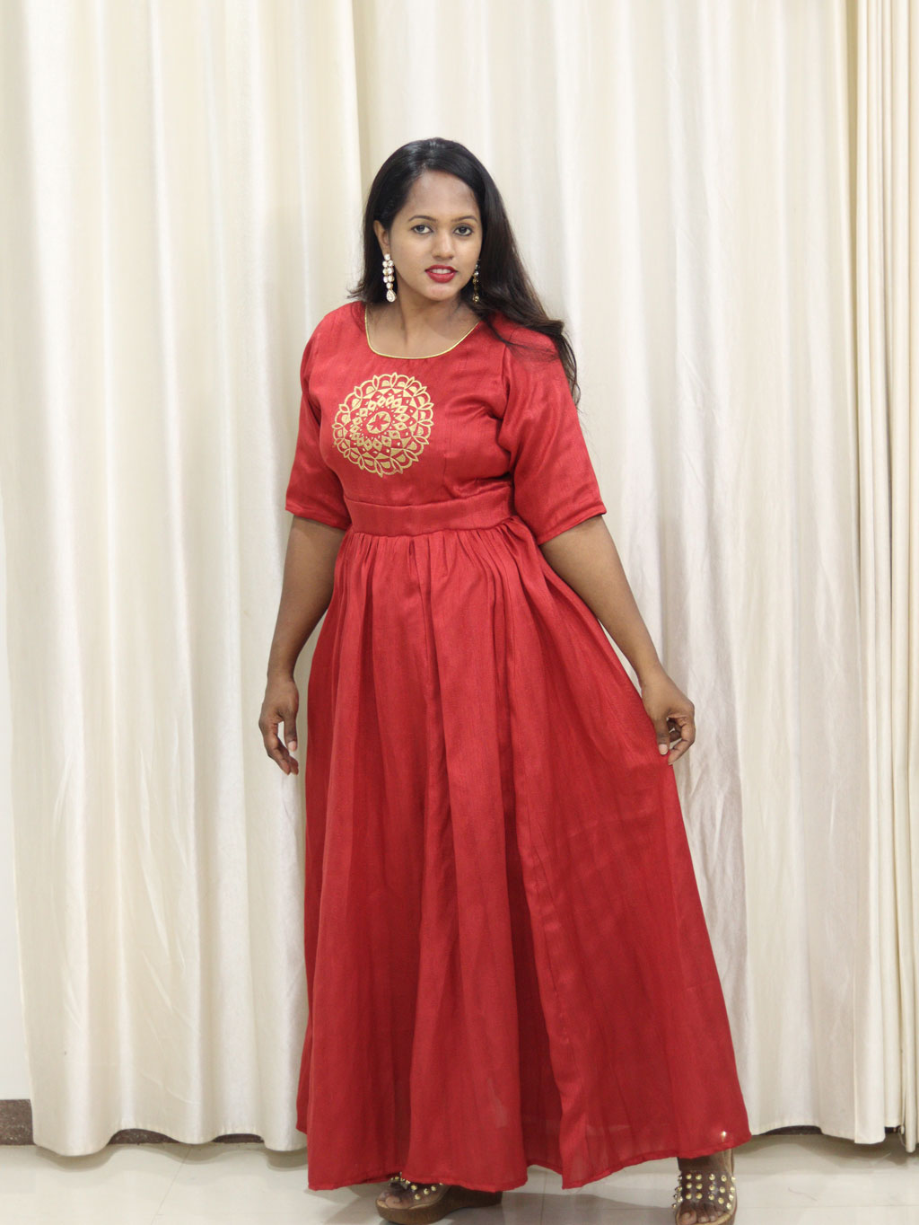 Traditional Full Length Red Dress with Embroidery by Maanas Designs