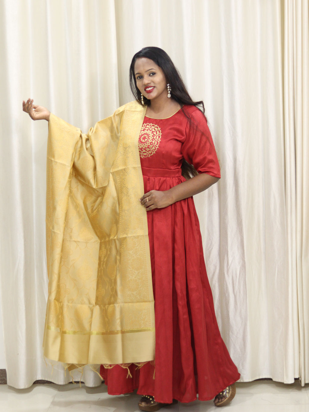 Traditional Full Length Red Embroidery Dress with Banarasi Shawl by Maanas Designs