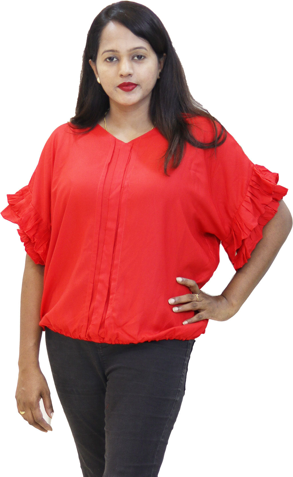 Red dolman top with pleated sleeve